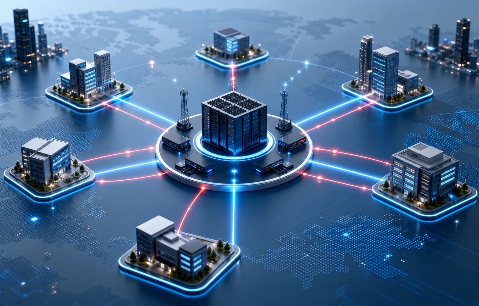 Hub sécurisé reliant plusieurs sites d'entreprise et villes
